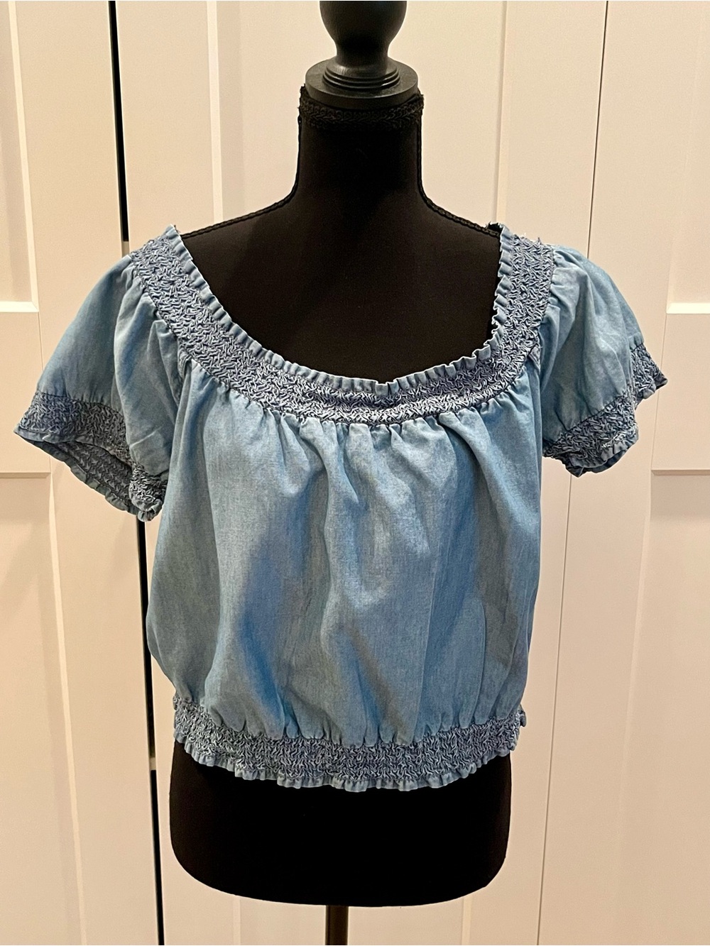 Bershka Light Blue Denim-Effect Smocked Off-Shoulder Crop Top Lightweight Casual